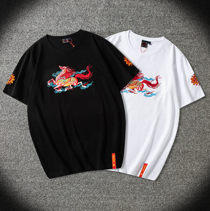 Embroidered short sleeved men pure cotton t shirt men clothing large size national tide summer